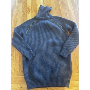 Tory Burch Women's Gray Wool Turtleneck Sweater Leather Detail Chains Small‎